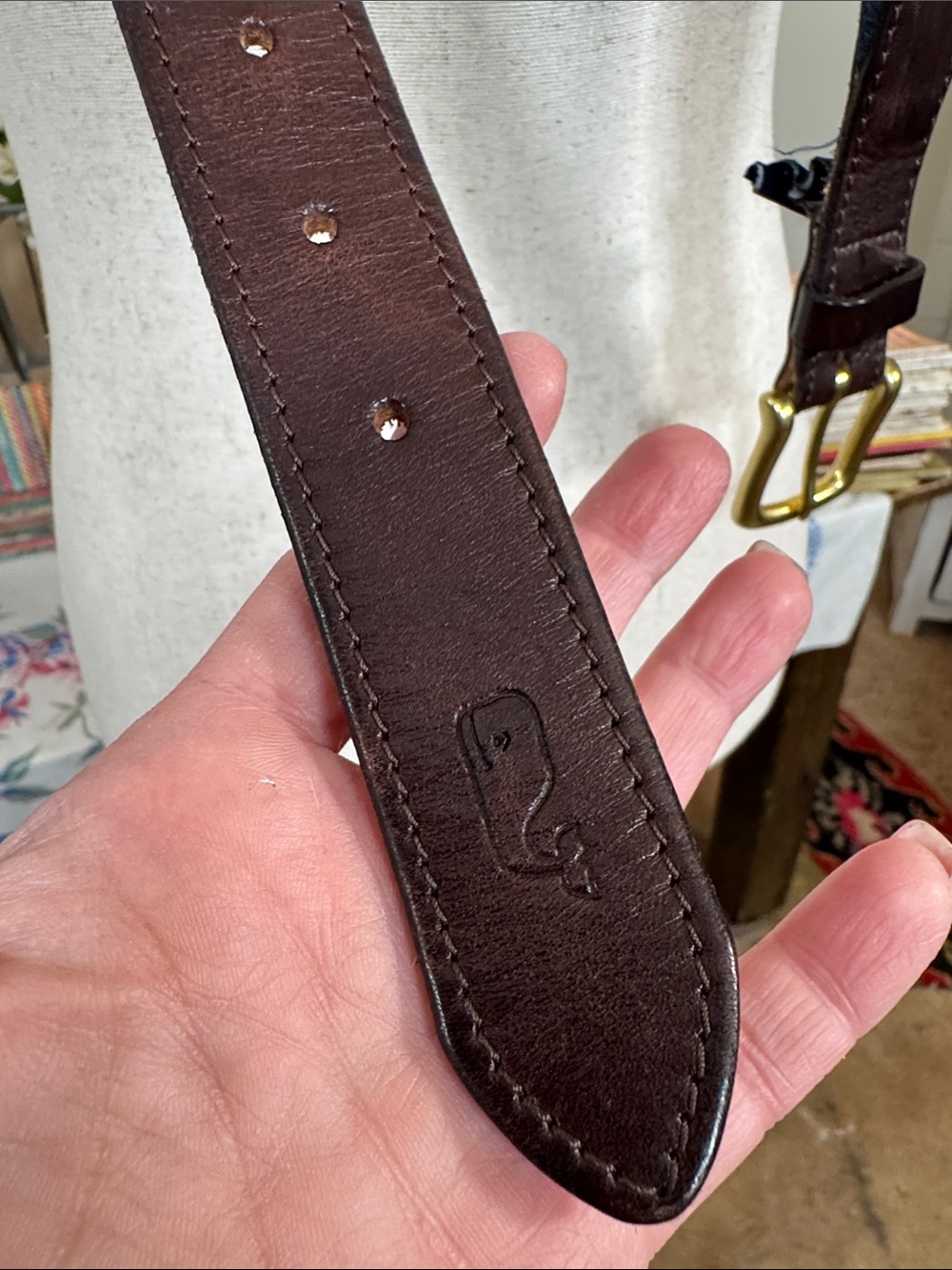 Vineyard Vines for Kentucky Derby Navy Webbing Belt w/Brown Leather & Brass - Picture 4 of 6